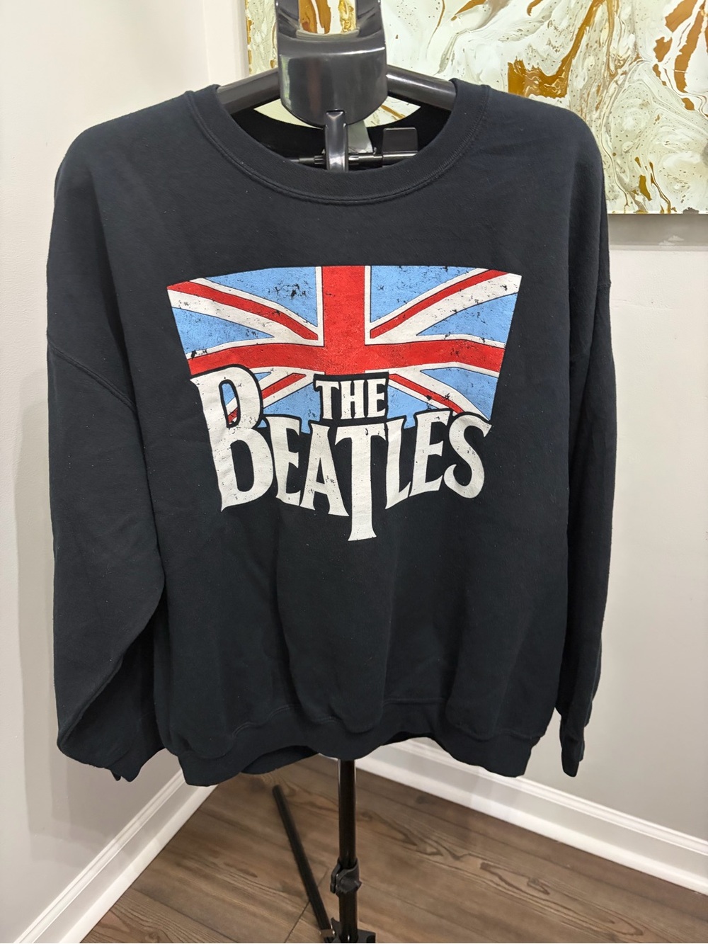 The Beatles Black Crewneck with Union Jack and Bold White Logo